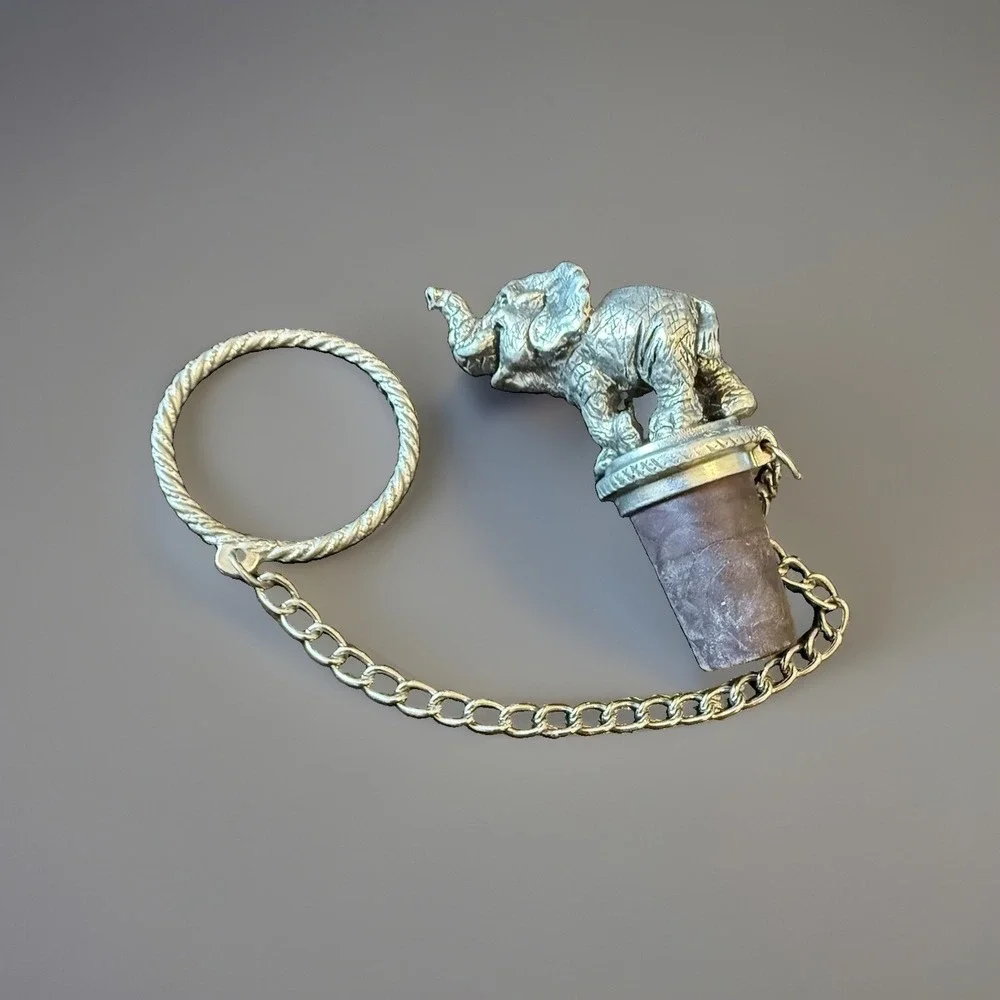 Vintage Elephant Pewter Metal Cork Stopper Topper w/Chain Ring Barware Accessory